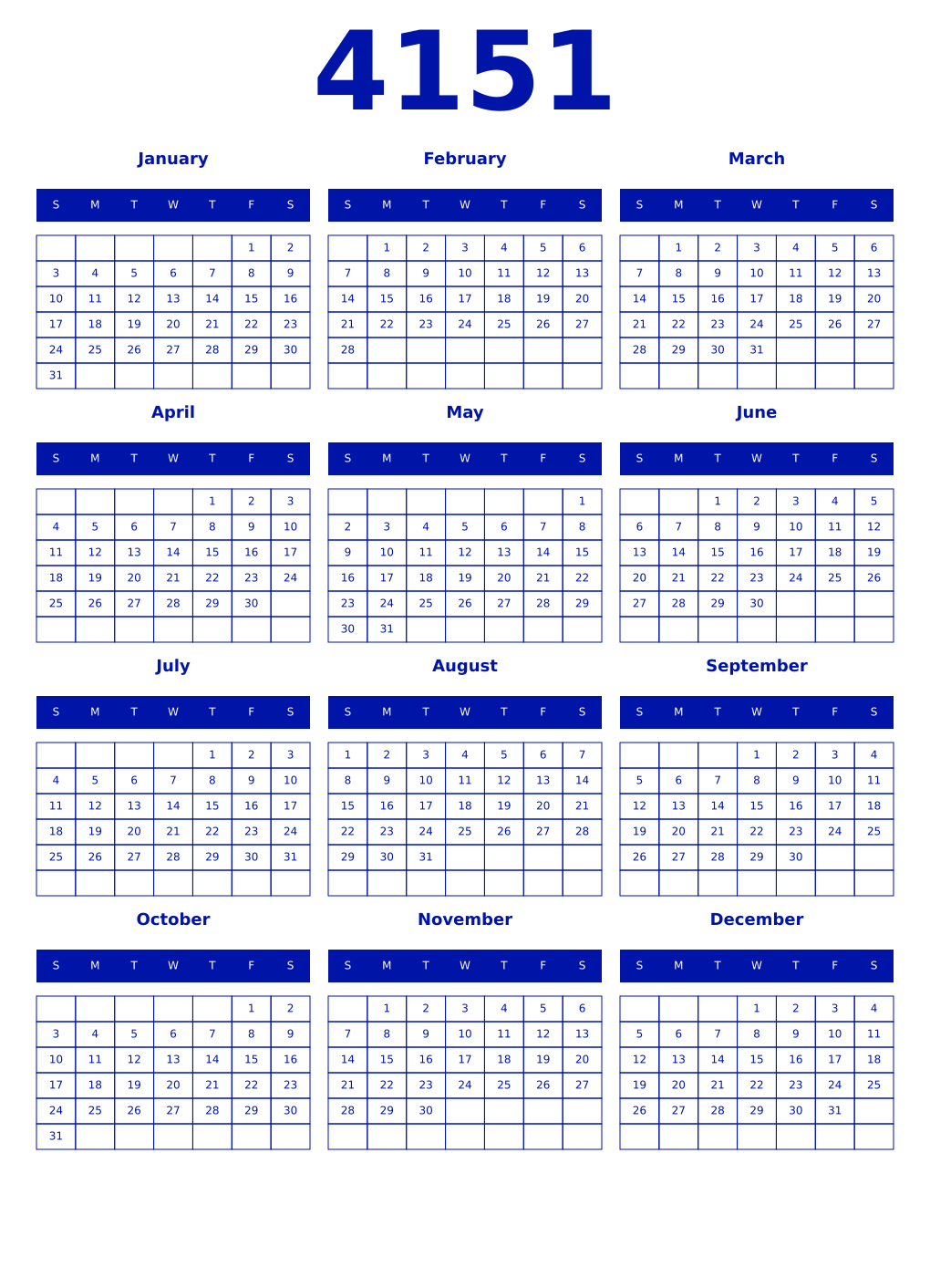 Printable 4151 Year Calendars zaffre