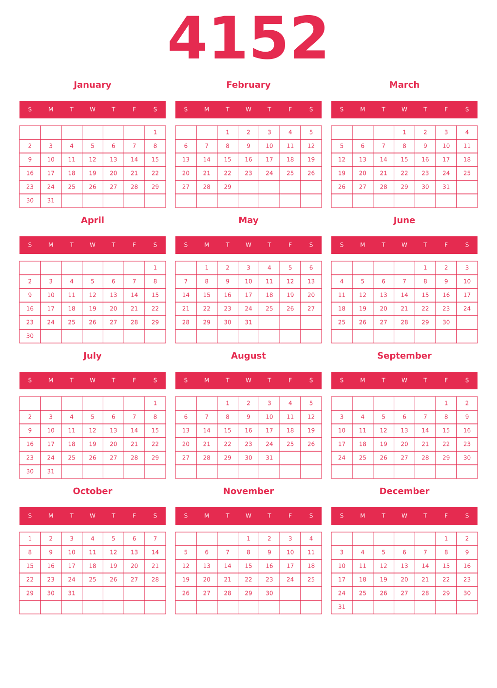 Printable 4152 Year Calendars amaranth