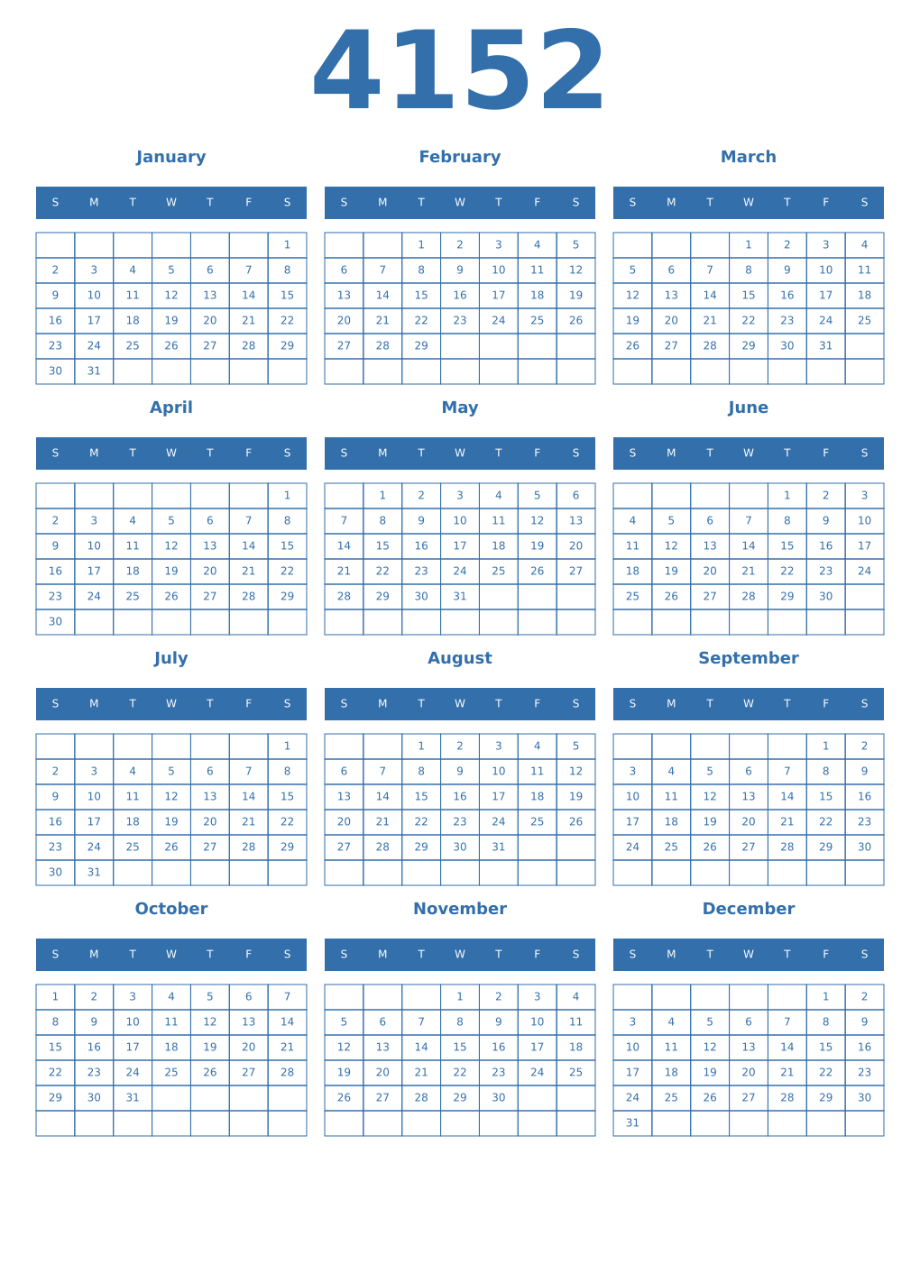 Printable 4152 Year Calendars blue