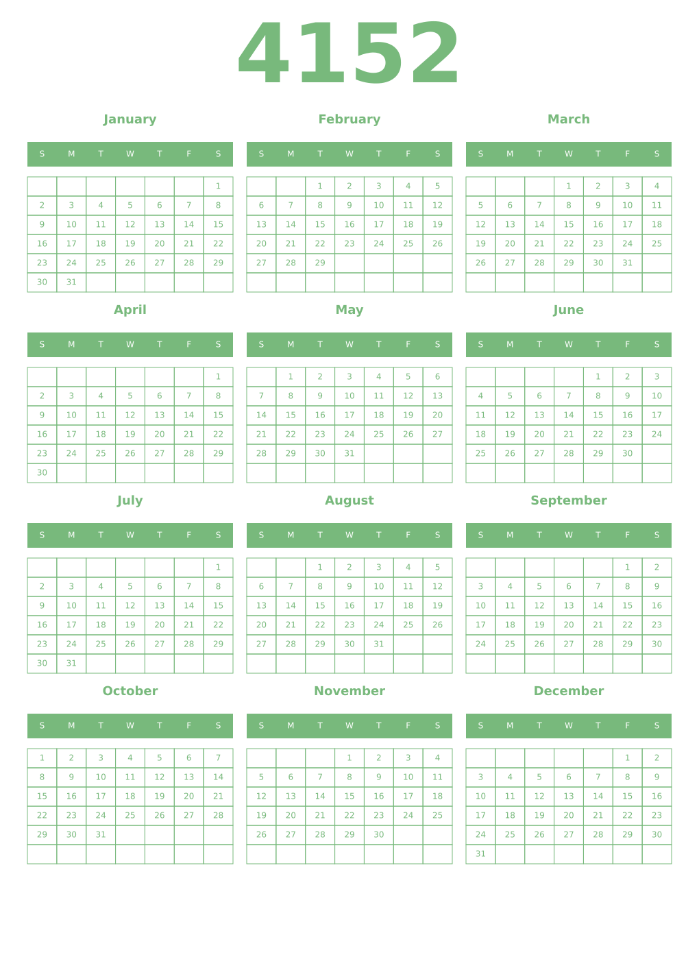 Printable 4152 Year Calendars celadon