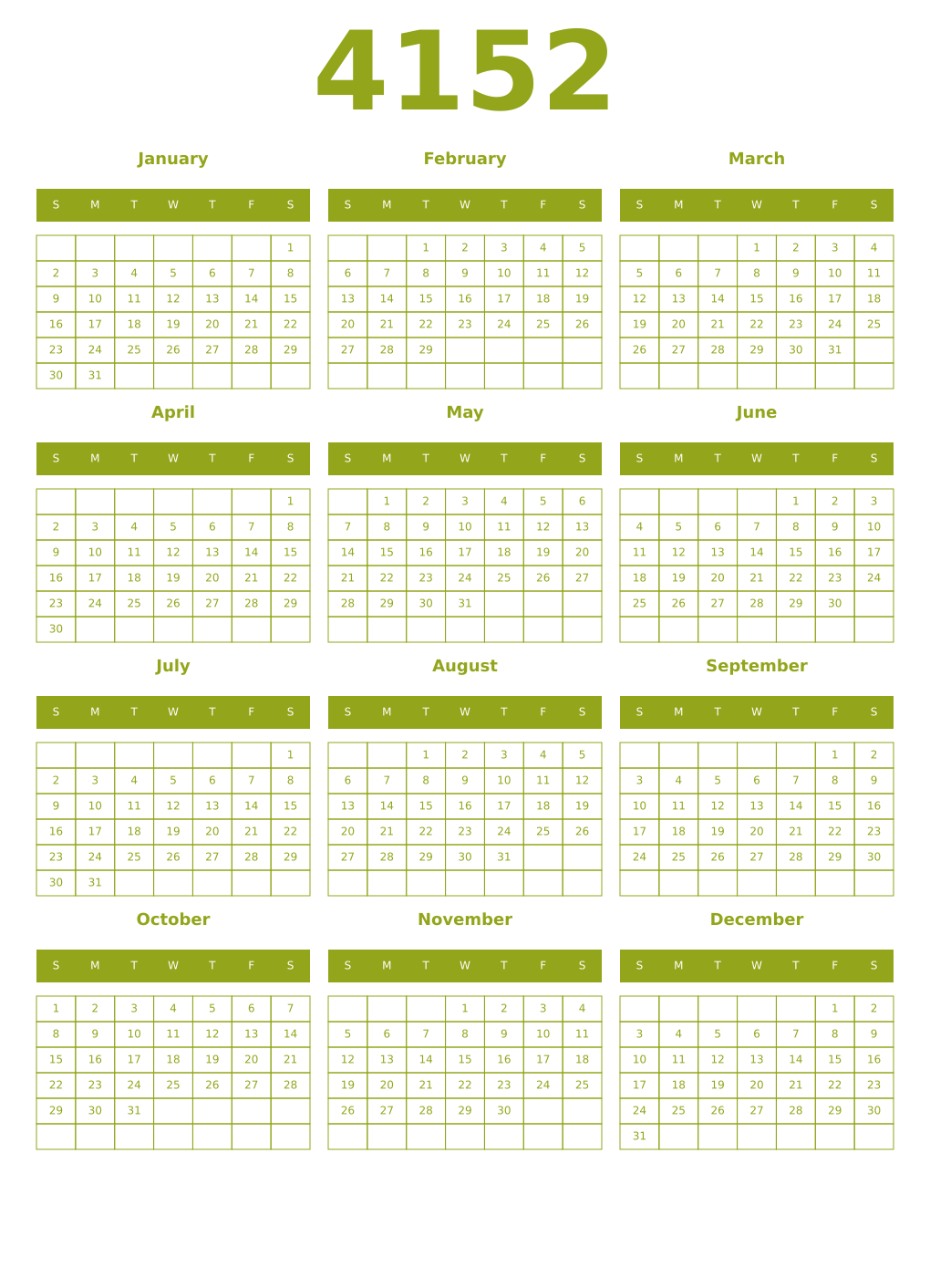 Printable 4152 Year Calendars chartreuse