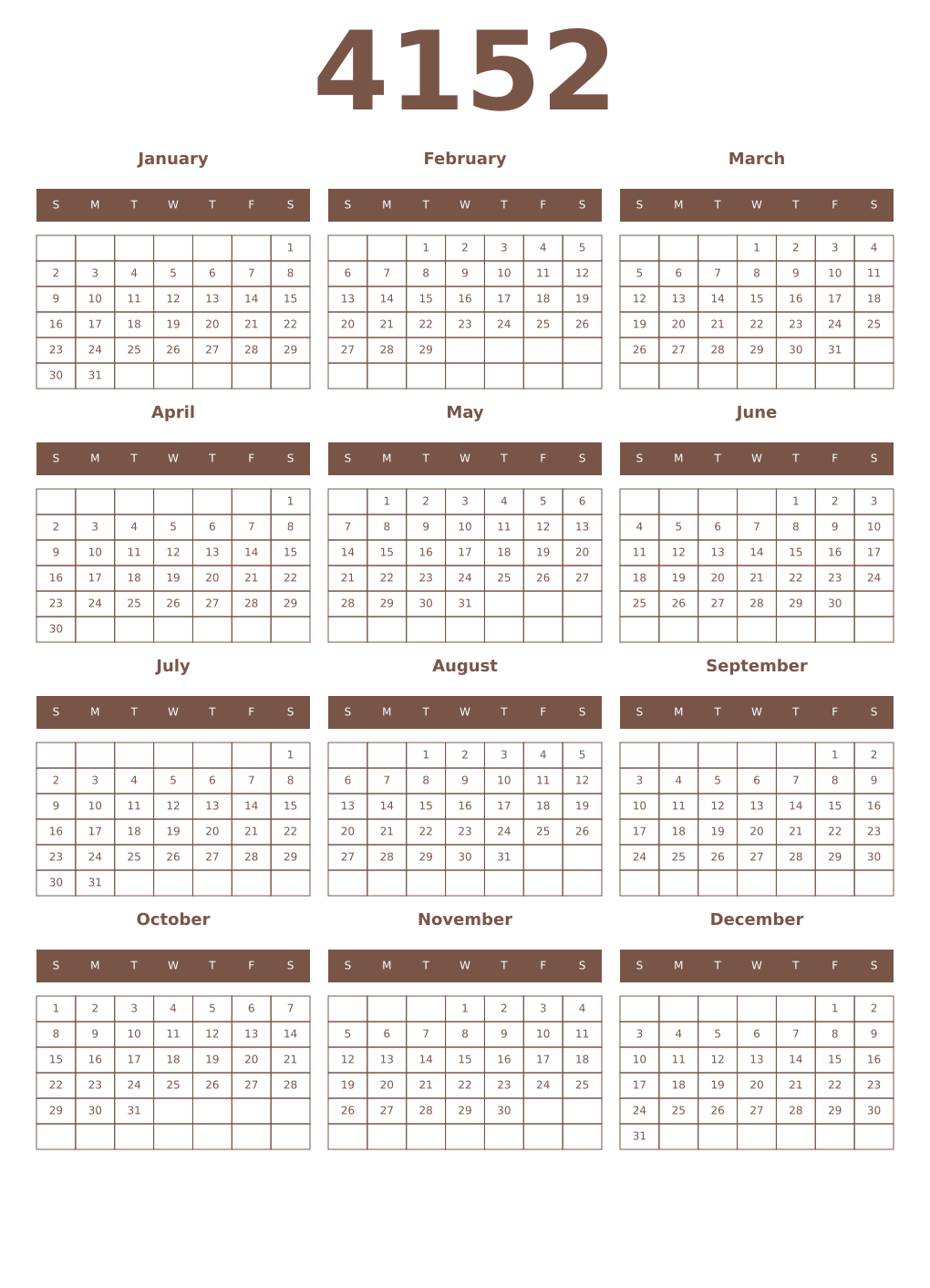 Printable 4152 Year Calendars coffe