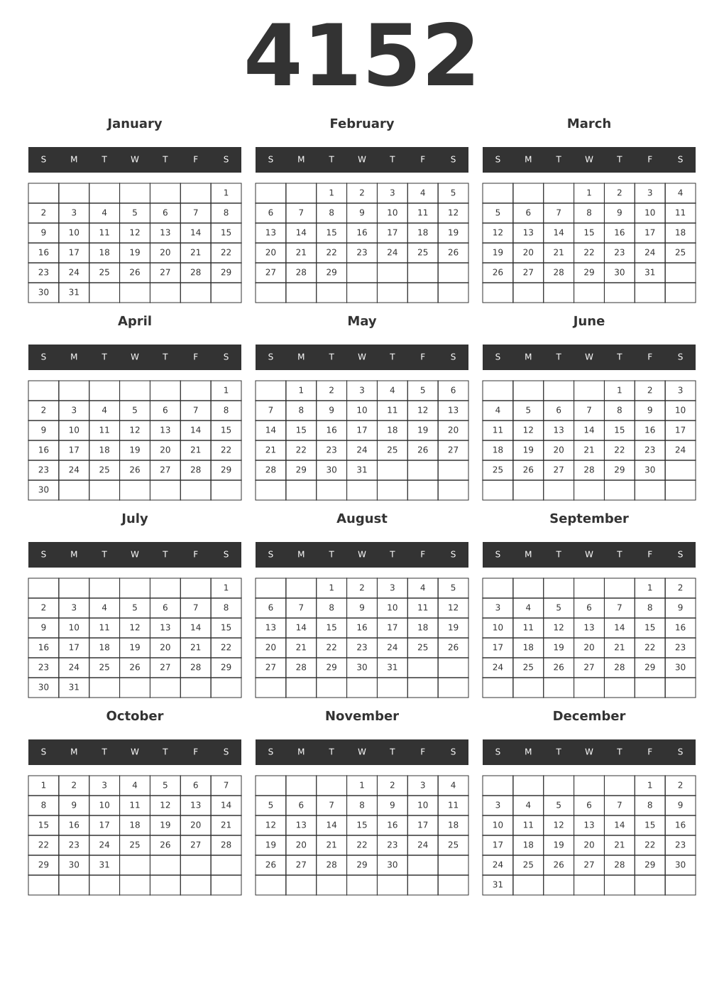 Printable 4152 Year Calendars dark