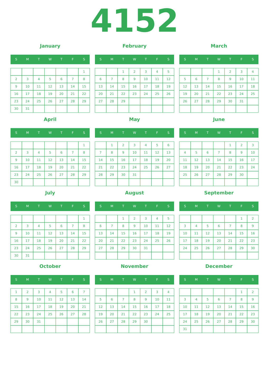 Printable 4152 Year Calendars green