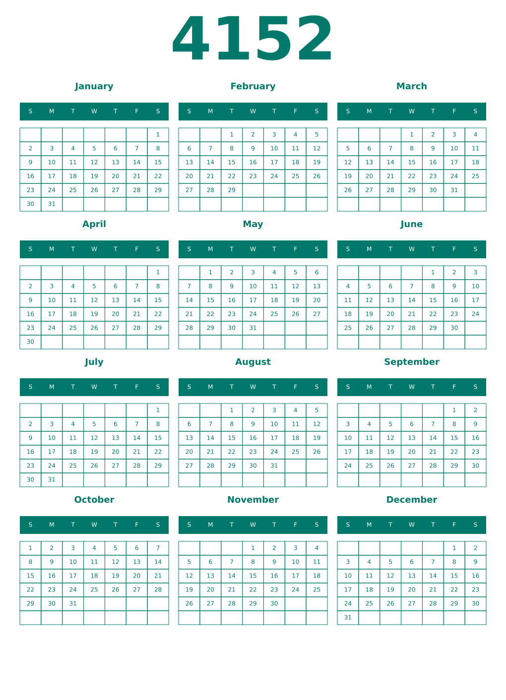 Printable 4152 Year Calendars pastel