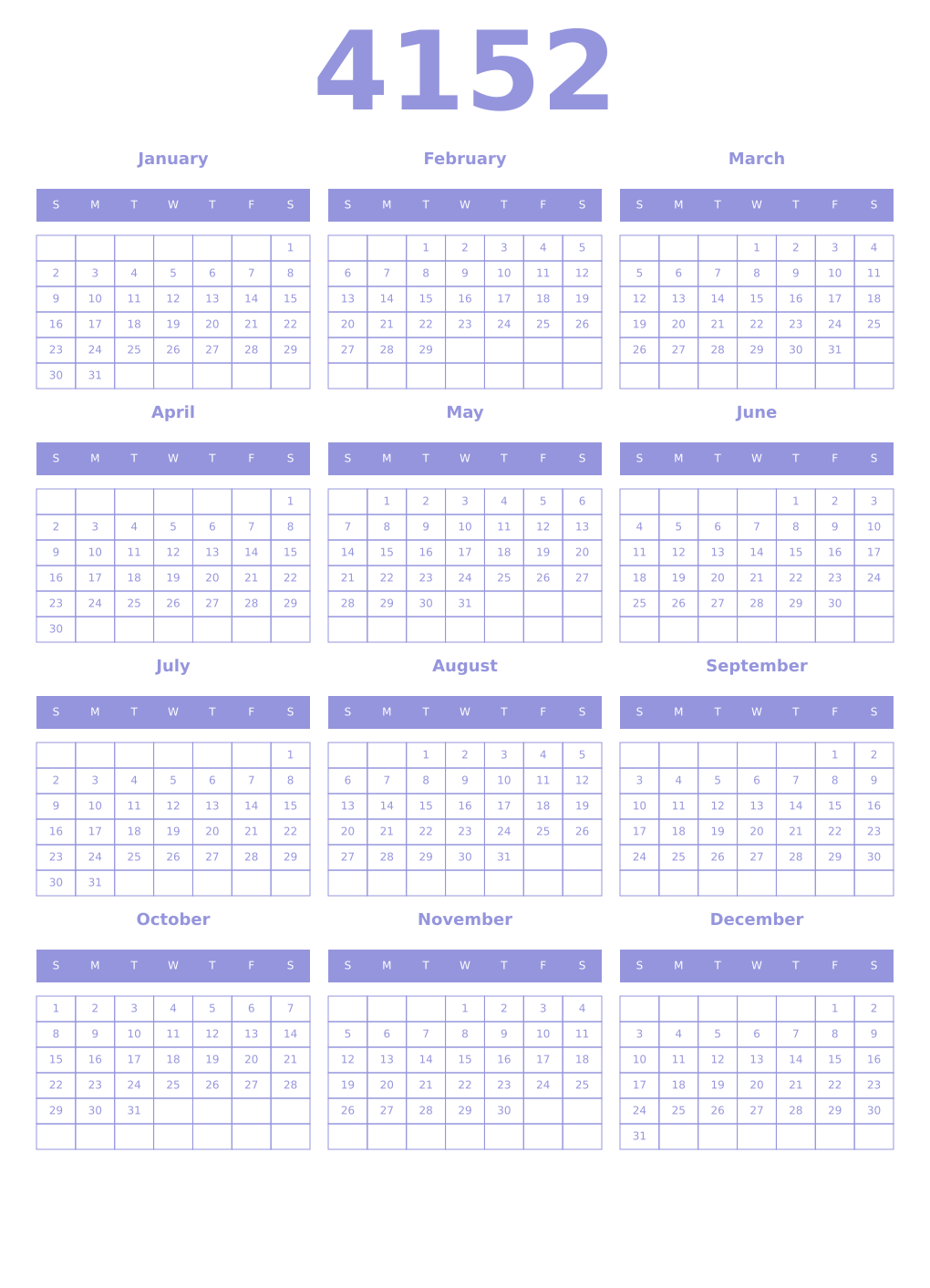 Printable 4152 Year Calendars periwinkle