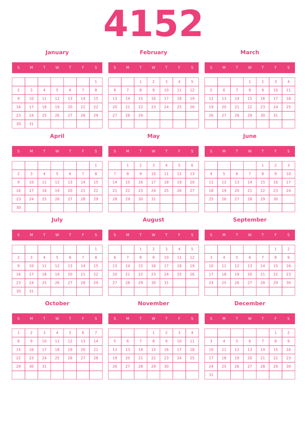Printable 4152 Year Calendars pink