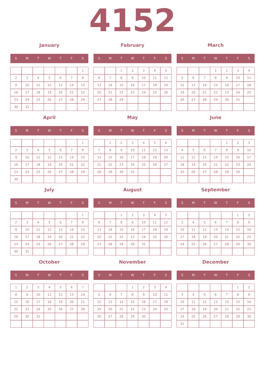Printable 4152 Year Calendars puce
