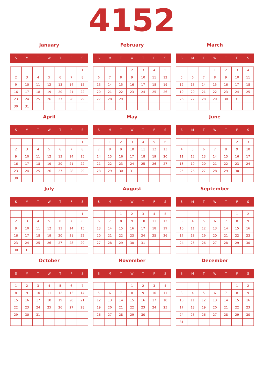 Printable 4152 Year Calendars red