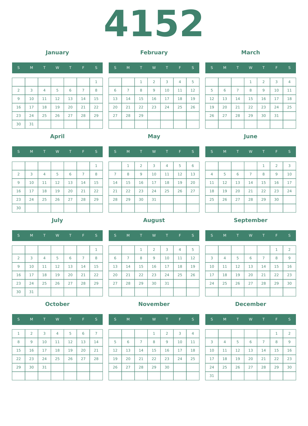 Printable 4152 Year Calendars viridian