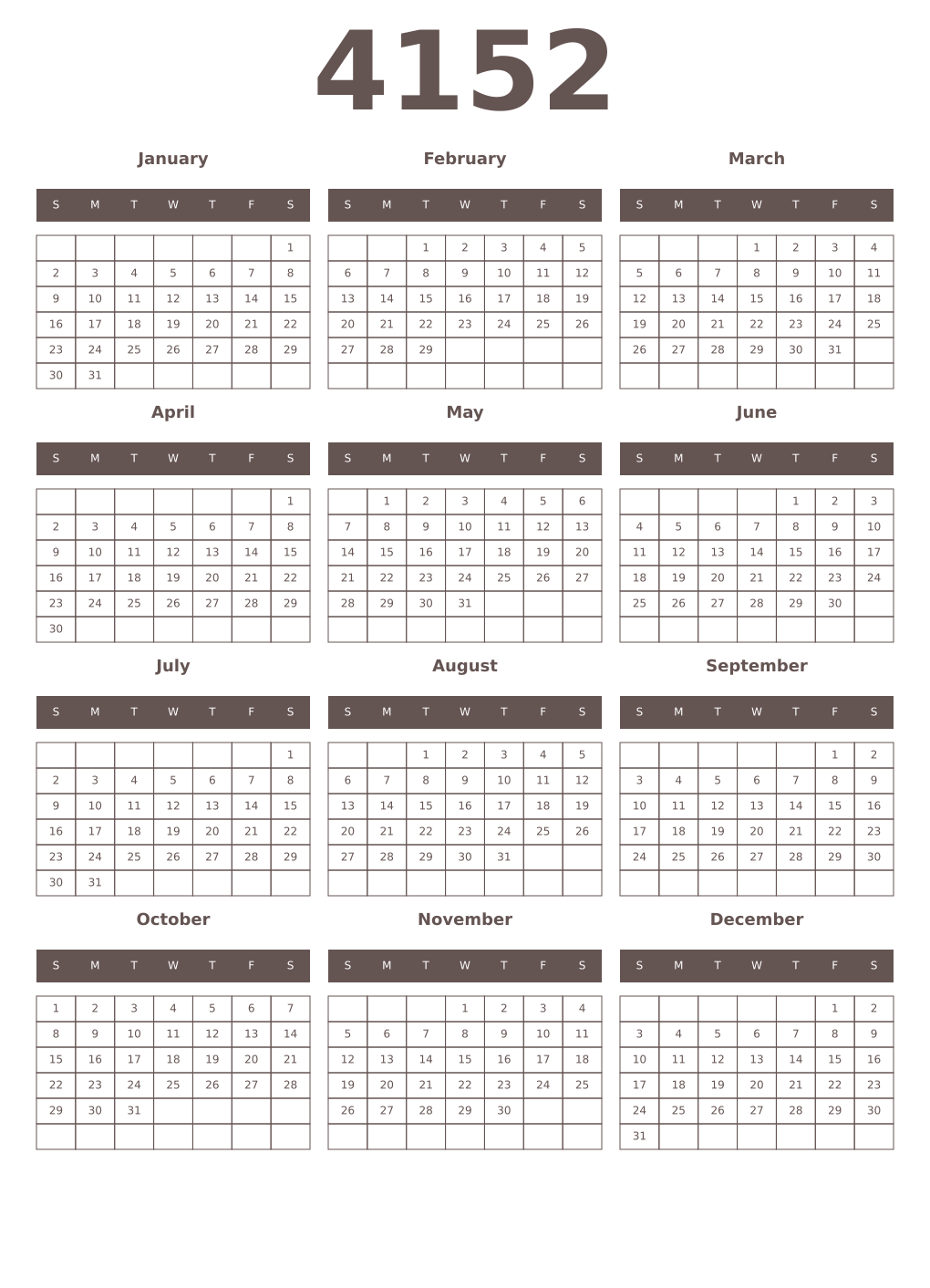 Printable 4152 Year Calendars wenge