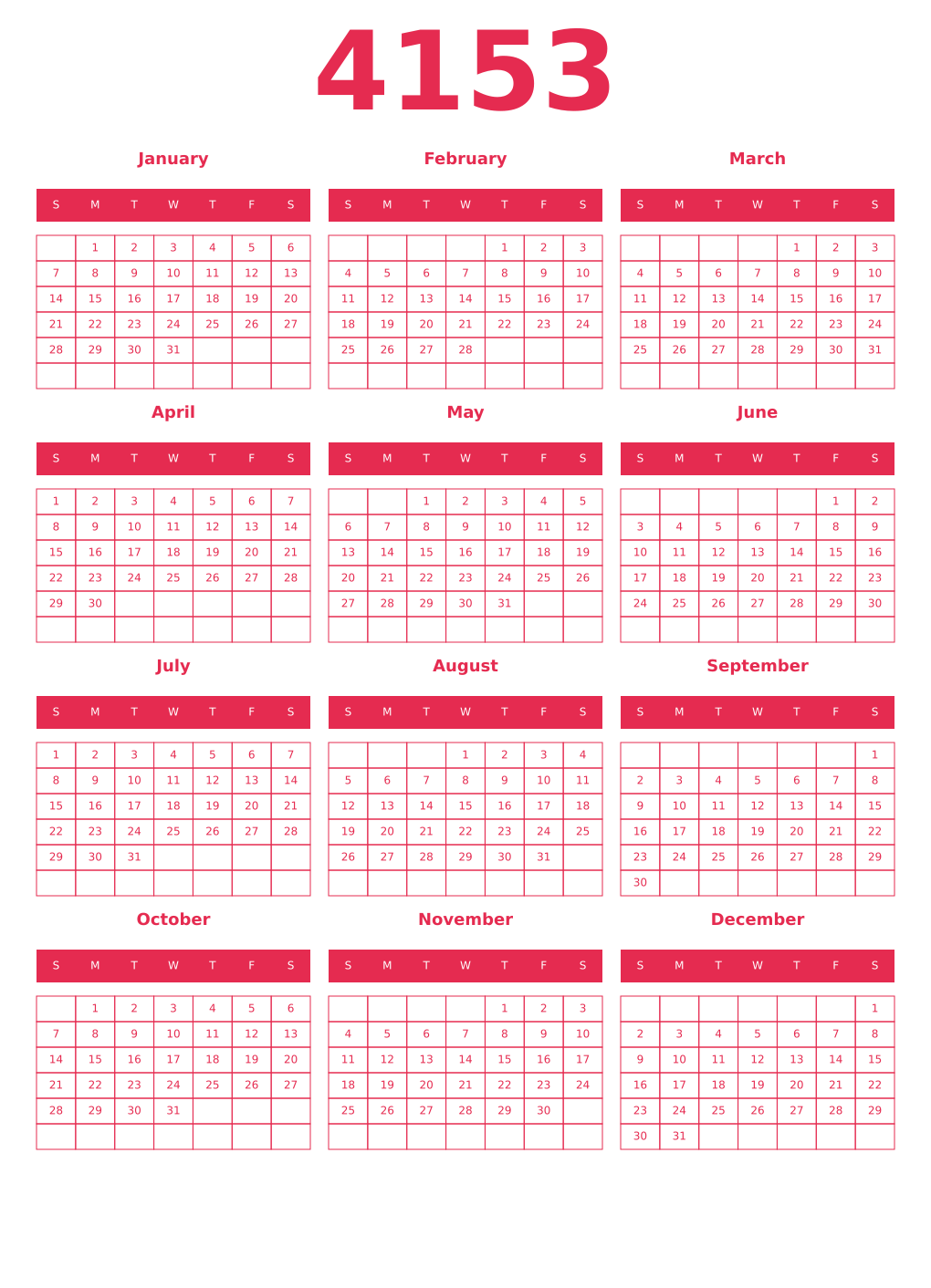 Printable 4153 Year Calendars amaranth
