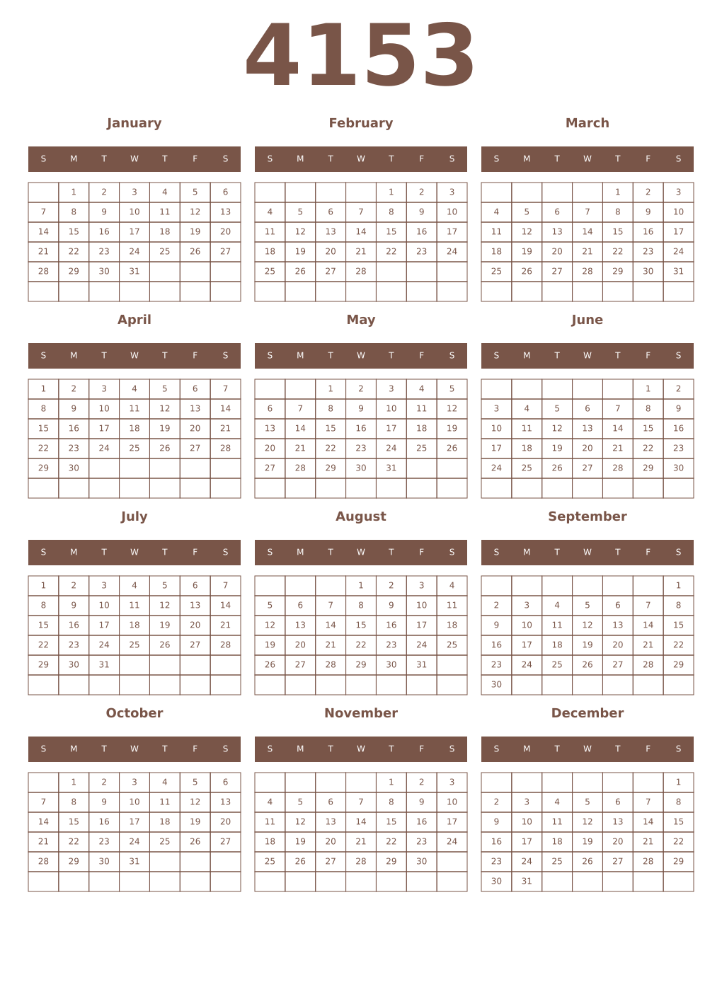 Printable 4153 Year Calendars coffe