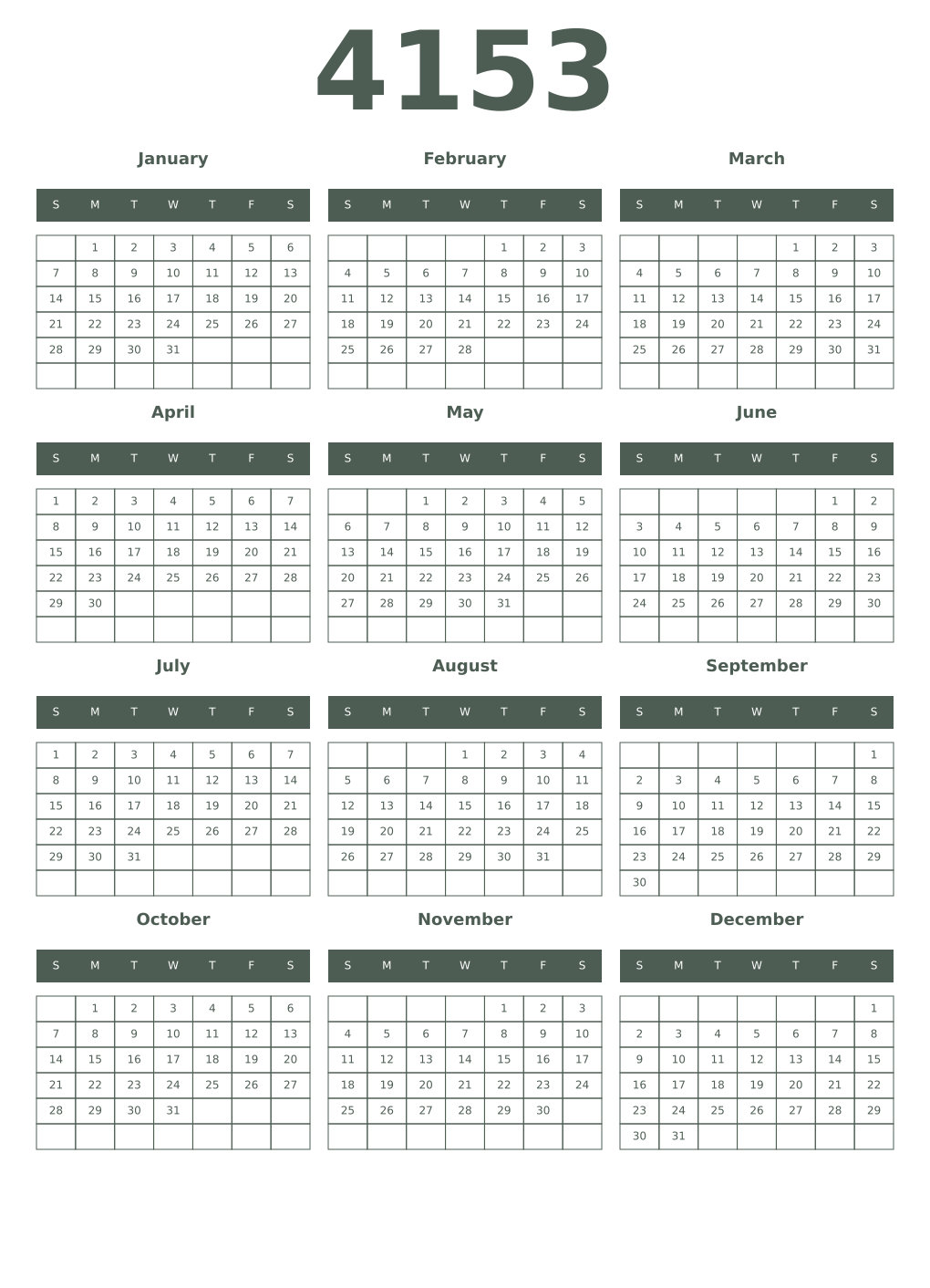 Printable 4153 Year Calendars feldgrau