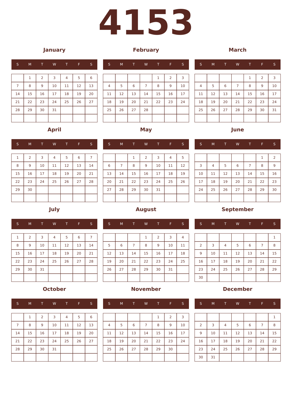 Printable 4153 Year Calendars mortuum