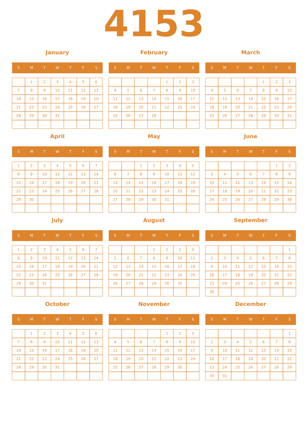 Printable 4153 Year Calendars orange