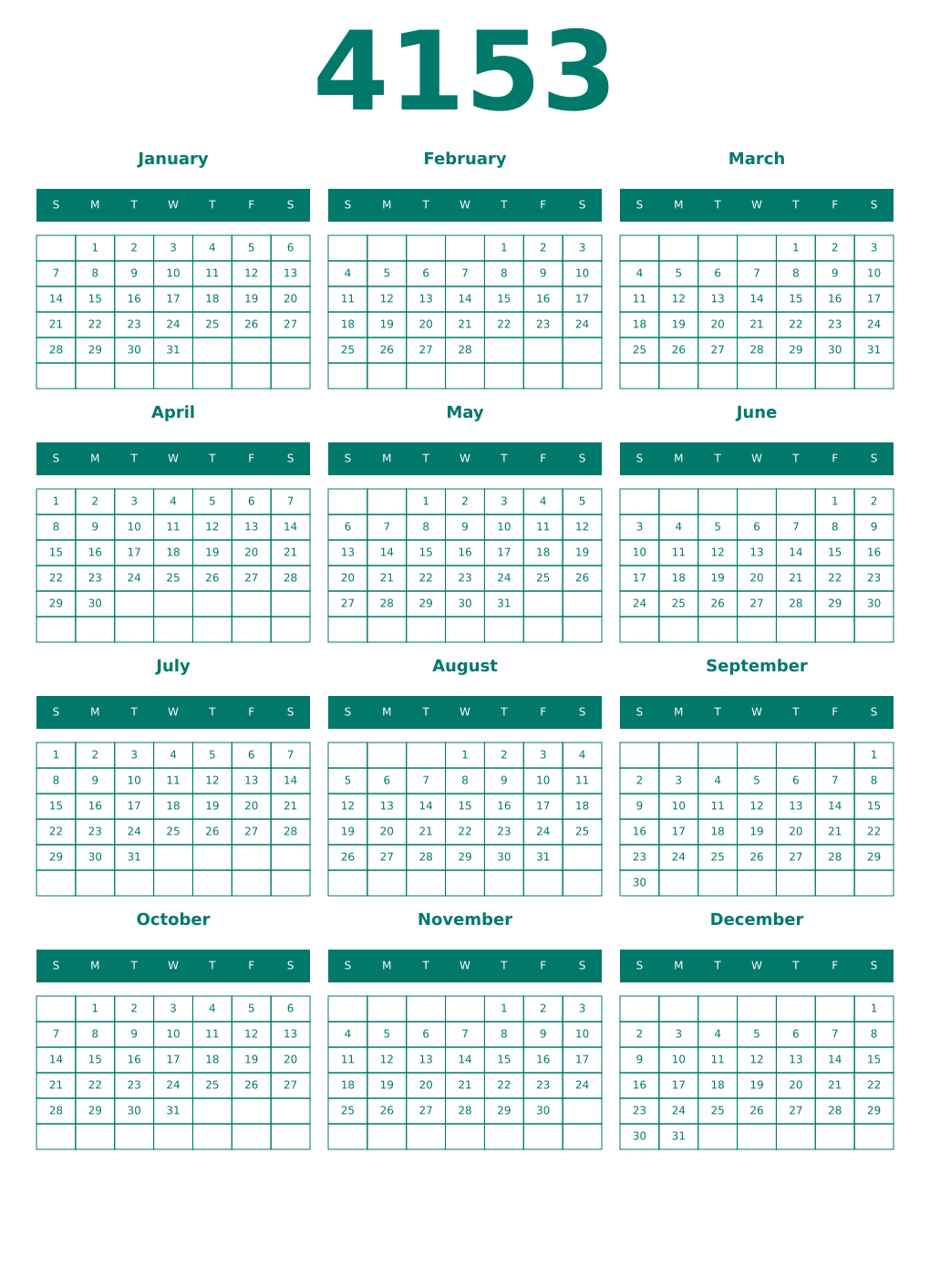 Printable 4153 Year Calendars pastel