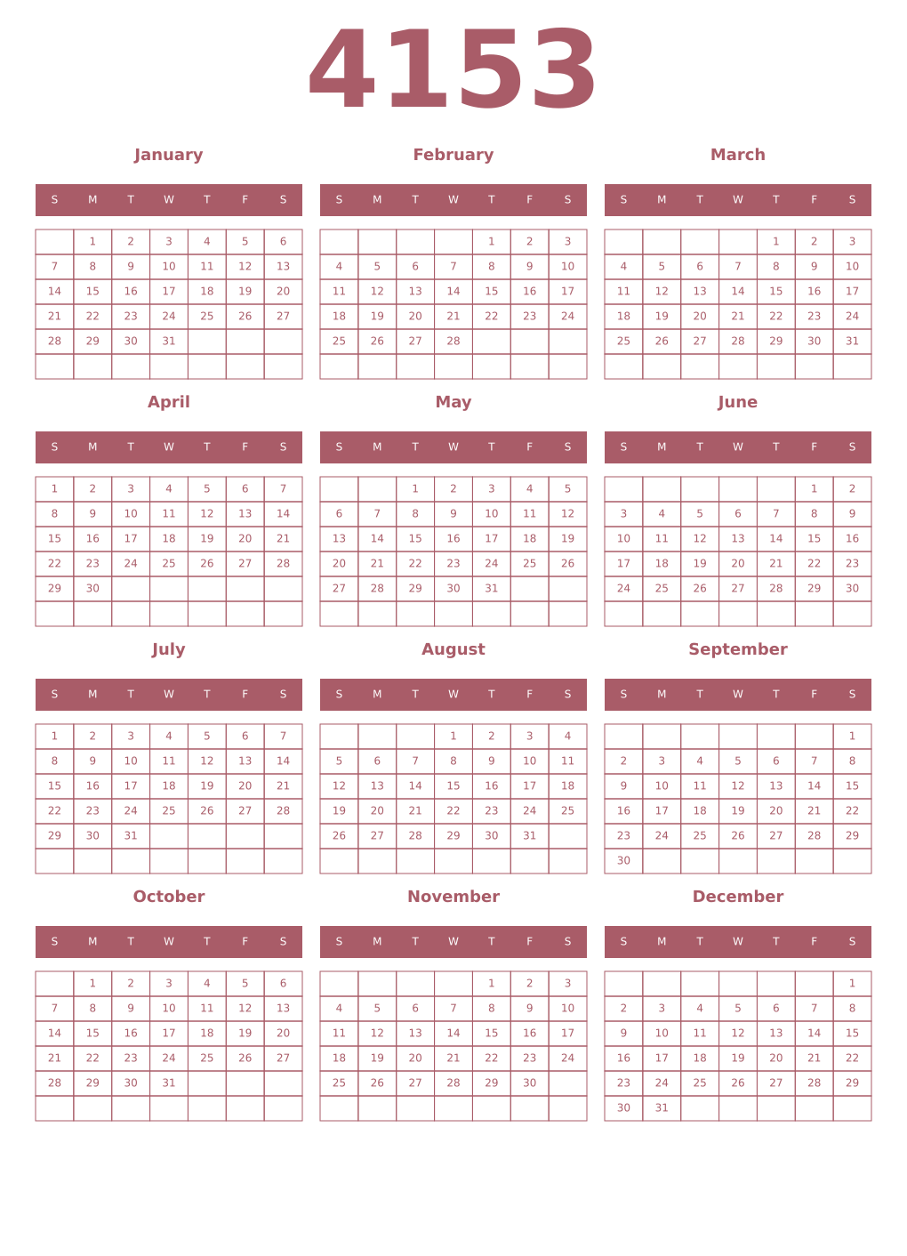 Printable 4153 Year Calendars puce