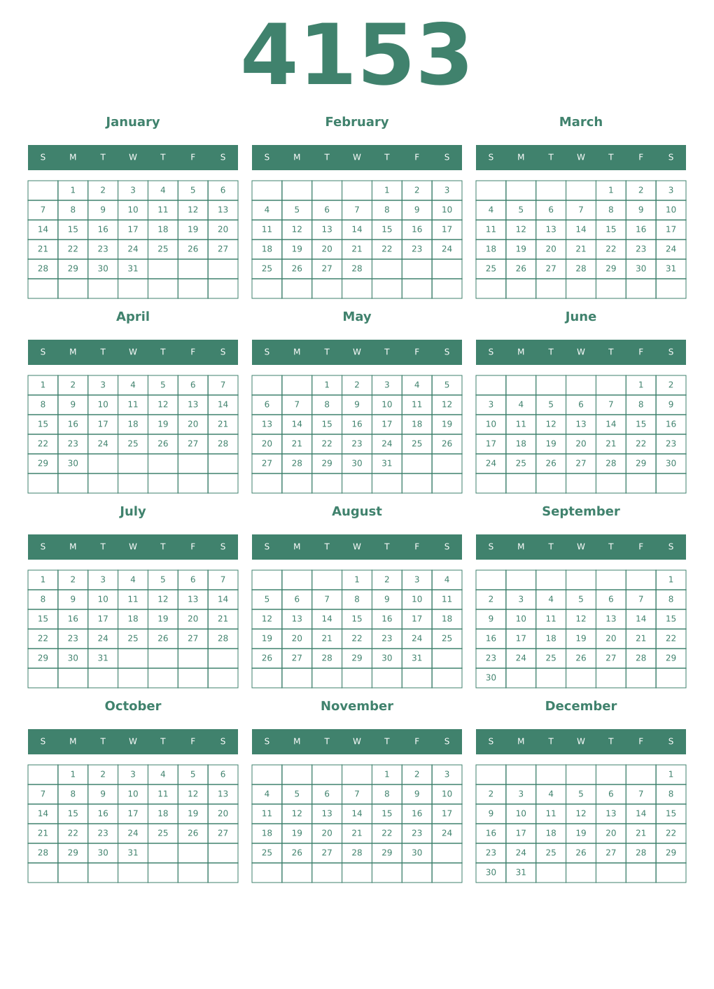 Printable 4153 Year Calendars viridian