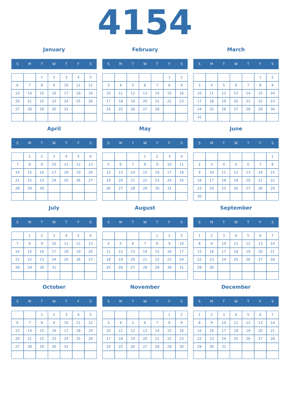 Printable 4154 Year Calendars blue