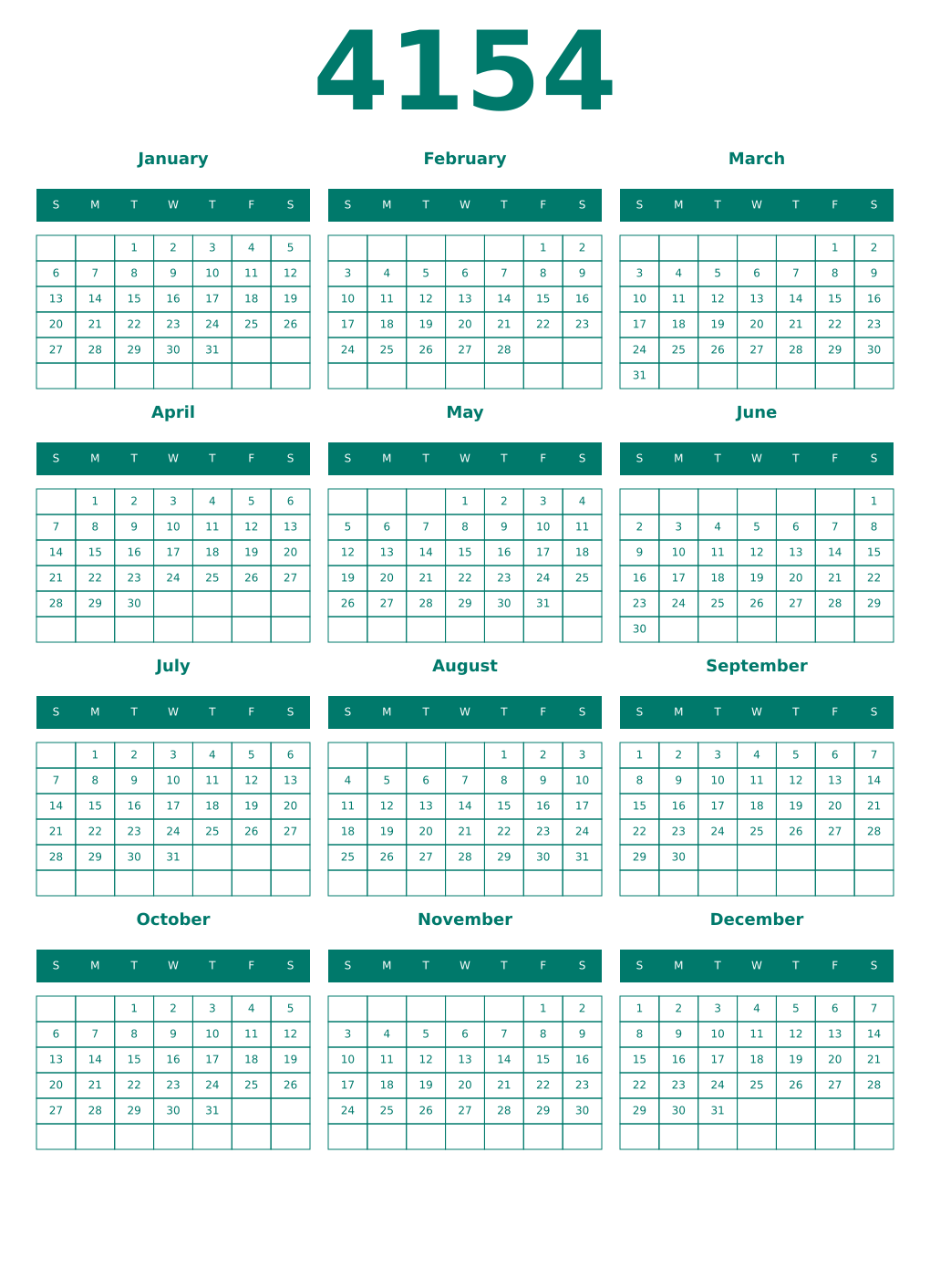Printable 4154 Year Calendars pastel