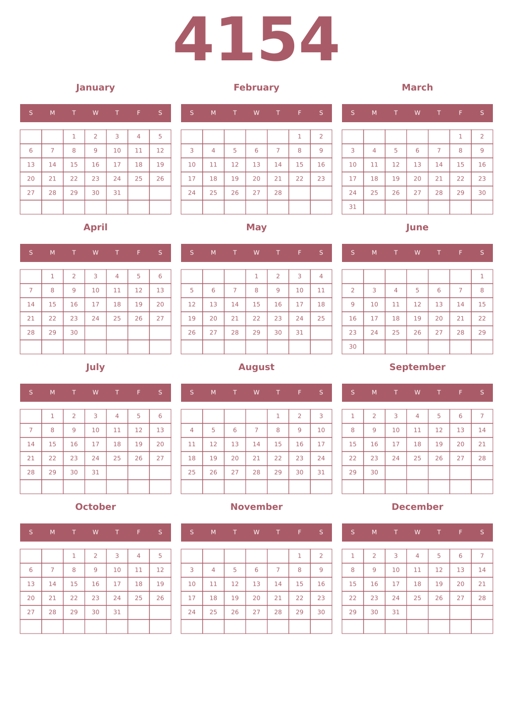 Printable 4154 Year Calendars puce