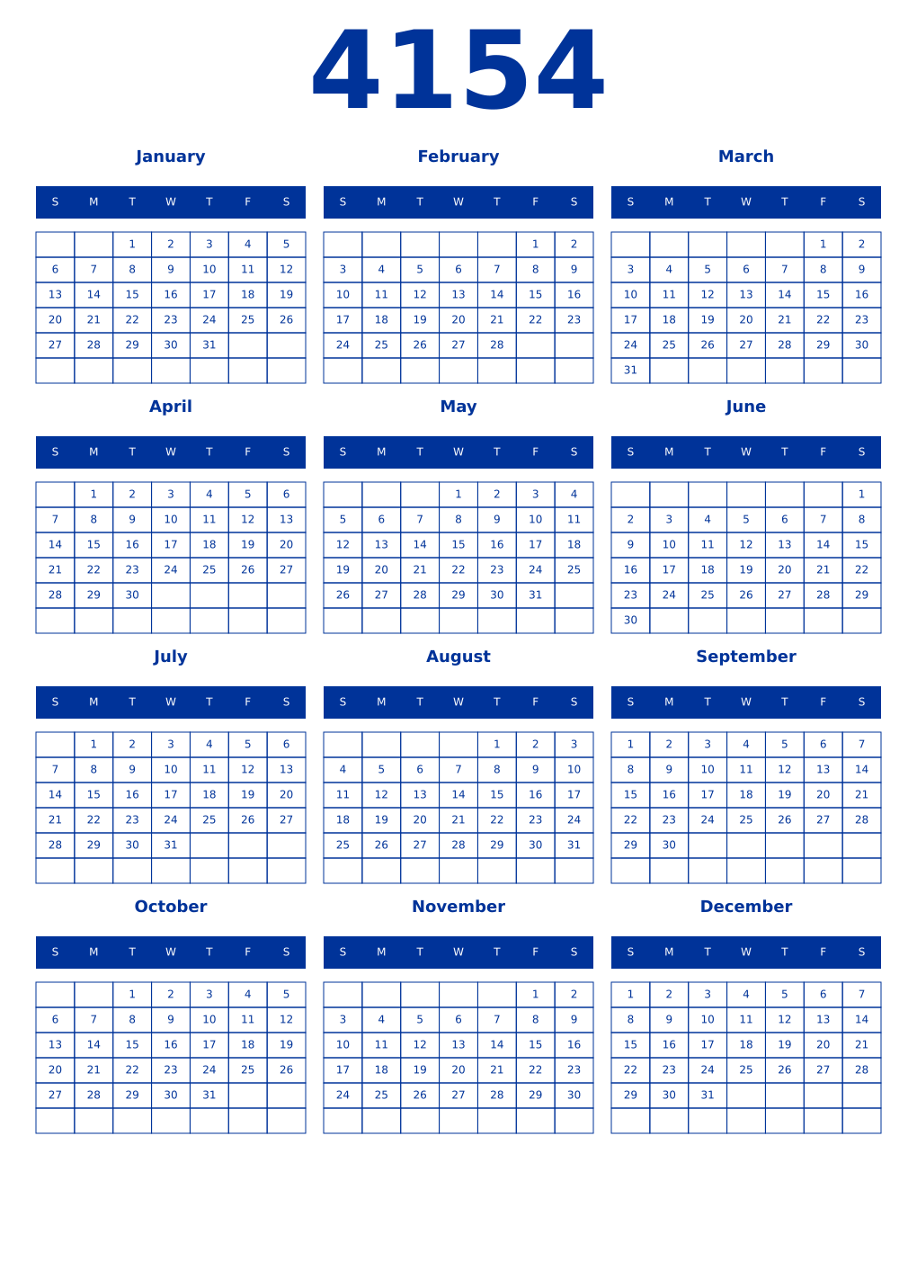 Printable 4154 Year Calendars smalt