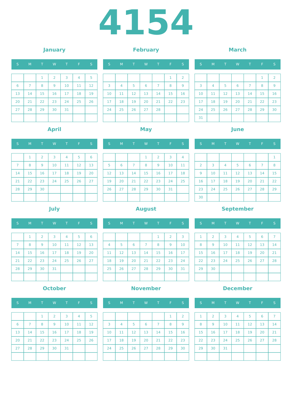 Printable 4154 Year Calendars verdigris