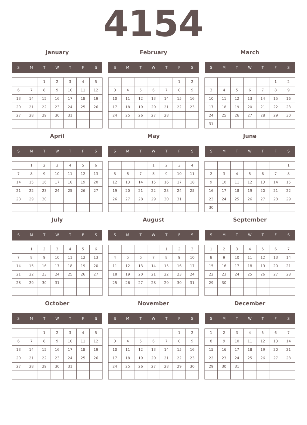 Printable 4154 Year Calendars wenge