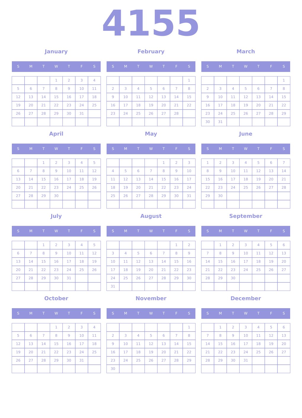 Printable 4155 Year Calendars periwinkle