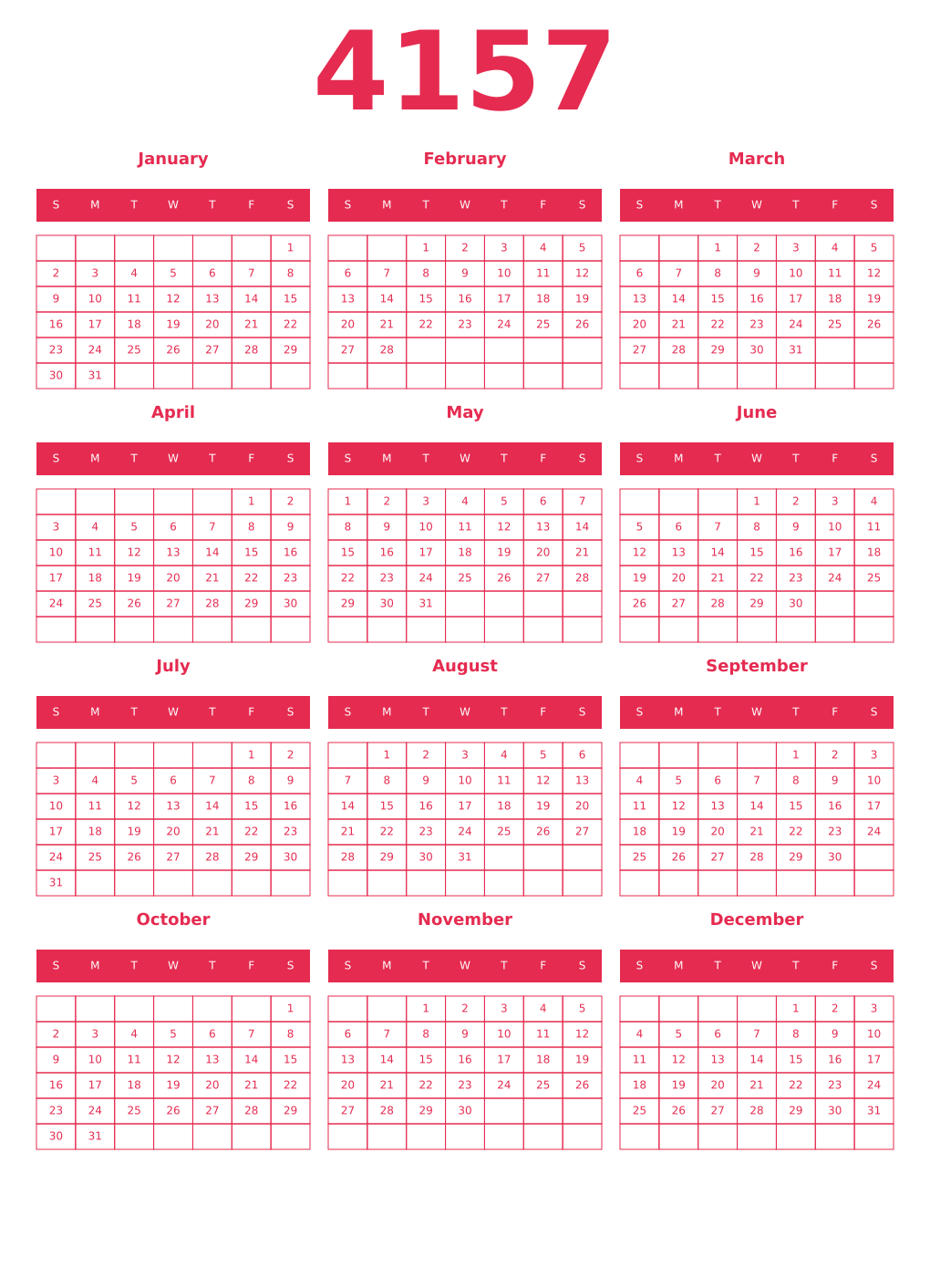 Printable 4157 Year Calendars amaranth