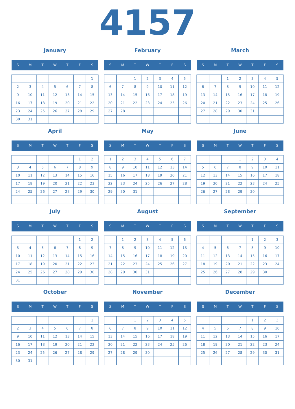 Printable 4157 Year Calendars blue