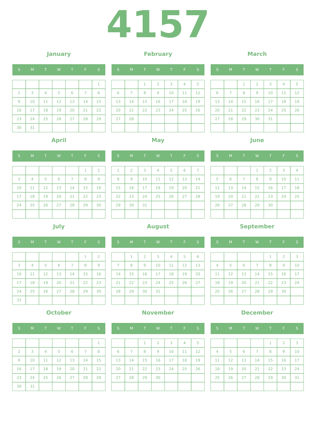 Printable 4157 Year Calendars celadon