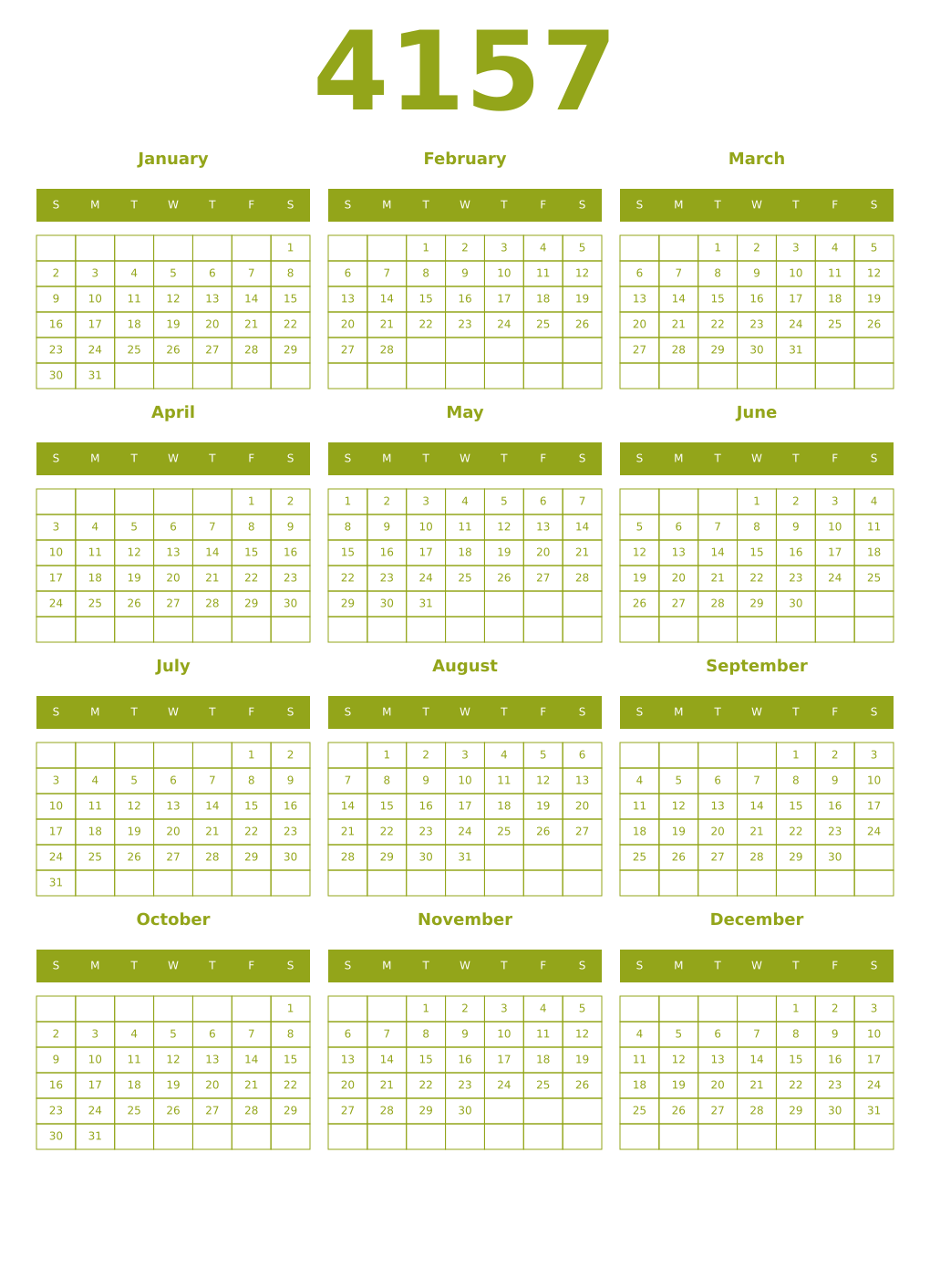 Printable 4157 Year Calendars chartreuse