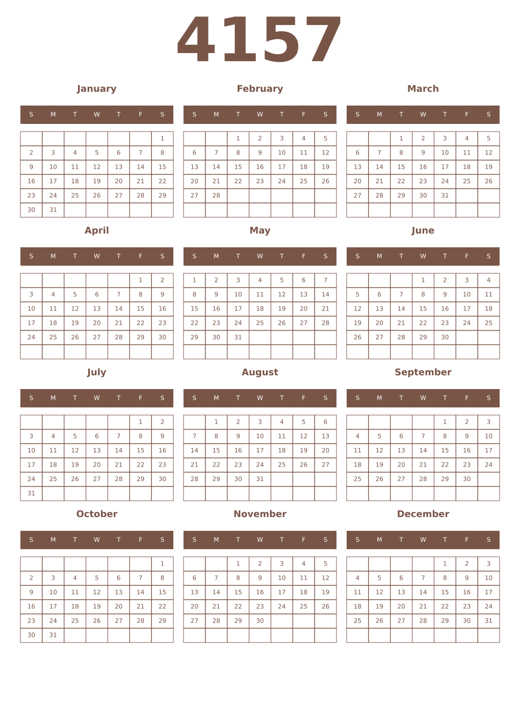 Printable 4157 Year Calendars coffe