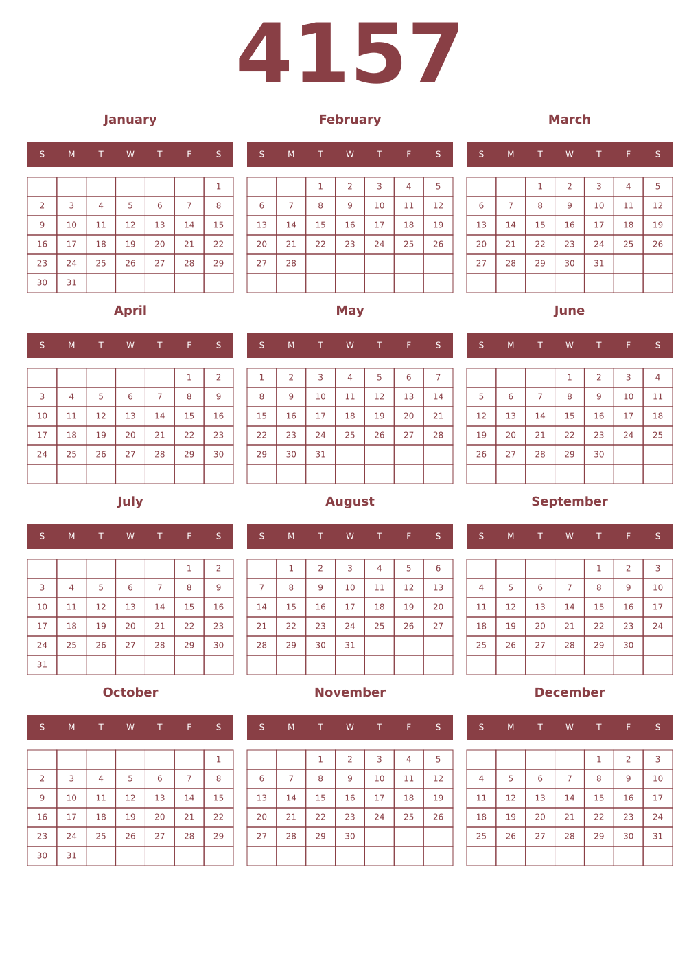 Printable 4157 Year Calendars cordovan
