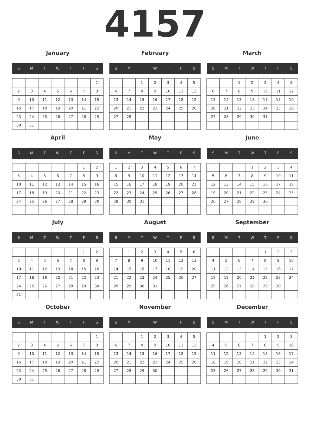 Printable 4157 Year Calendars dark