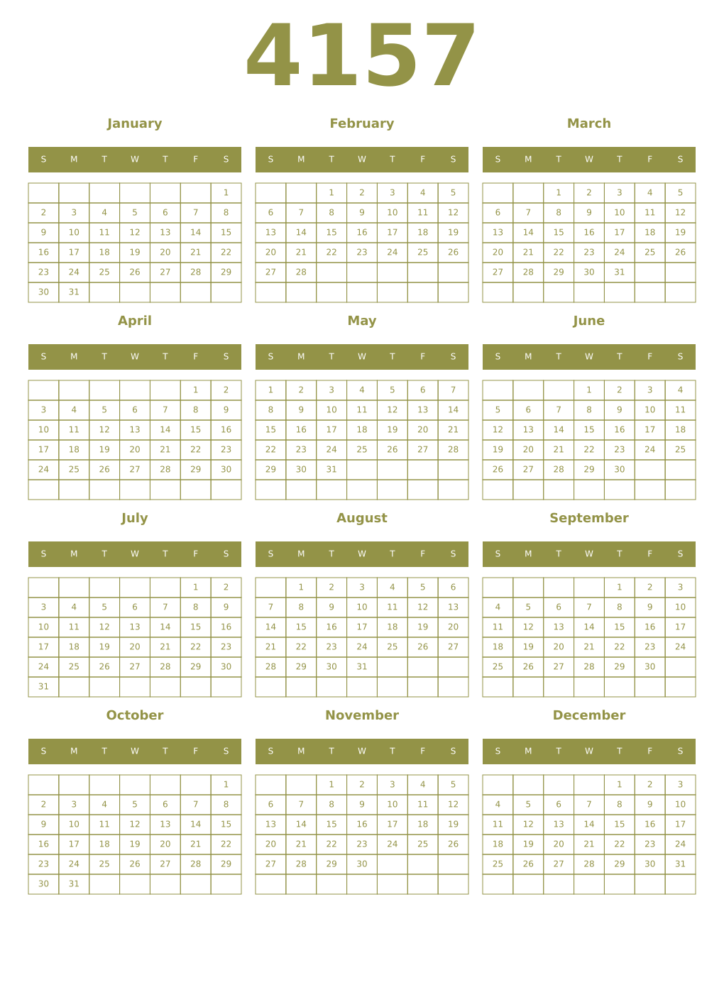 Printable 4157 Year Calendars eburnean