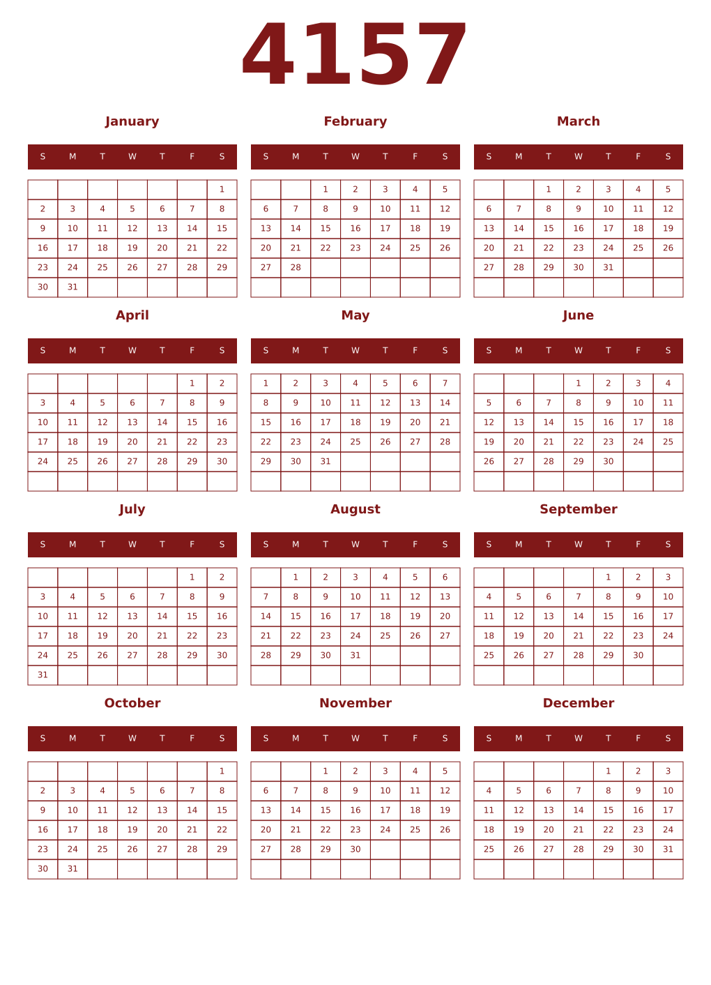 Printable 4157 Year Calendars falu