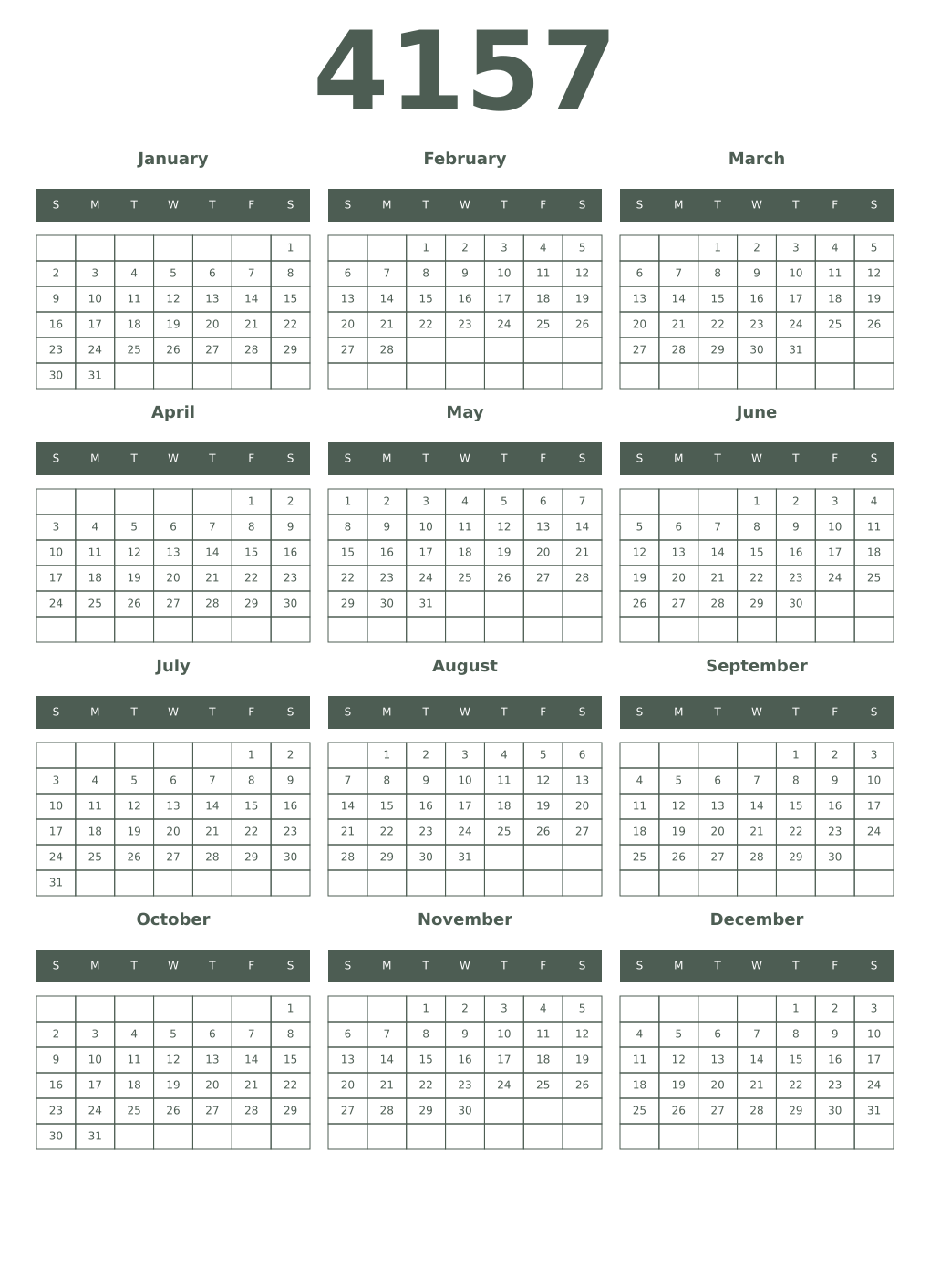 Printable 4157 Year Calendars feldgrau