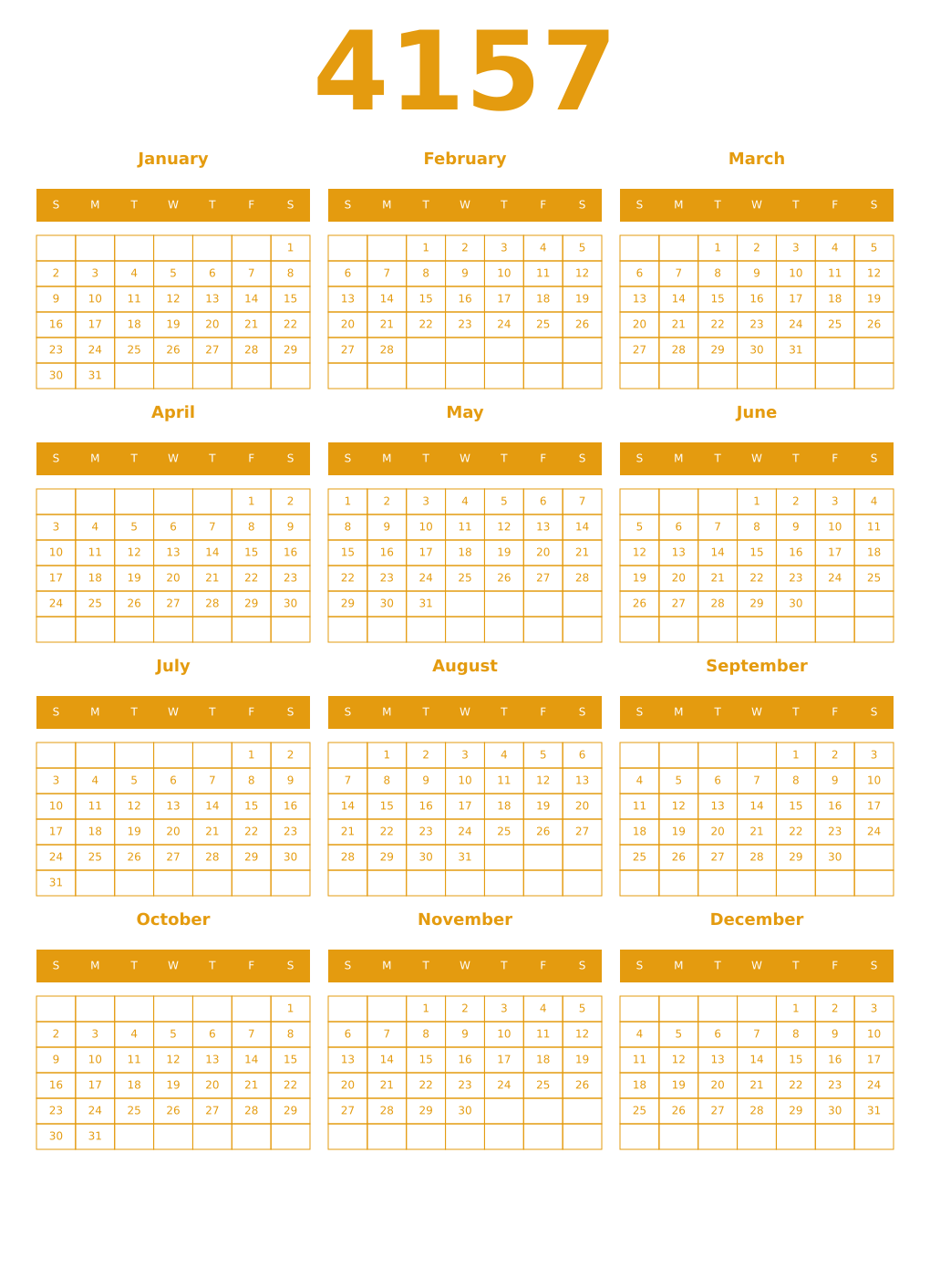 Printable 4157 Year Calendars gamboge
