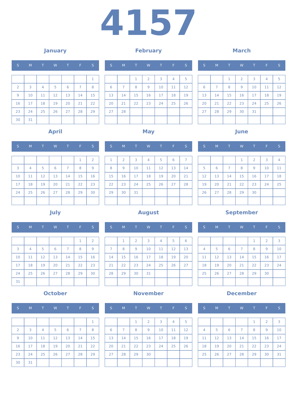 Printable 4157 Year Calendars glaucous