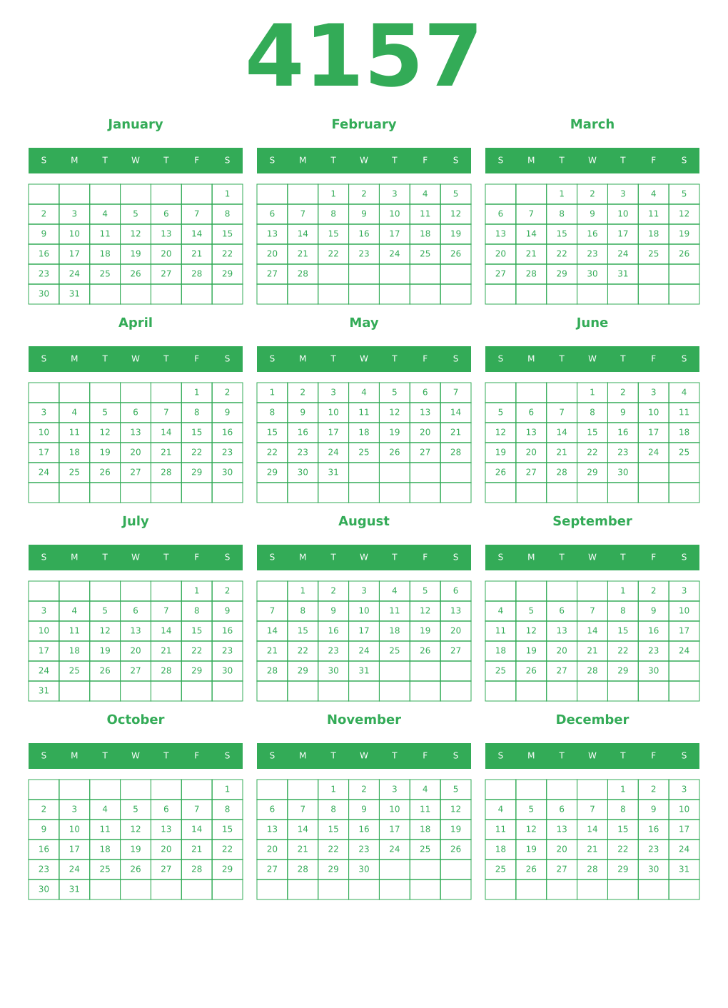 Printable 4157 Year Calendars green