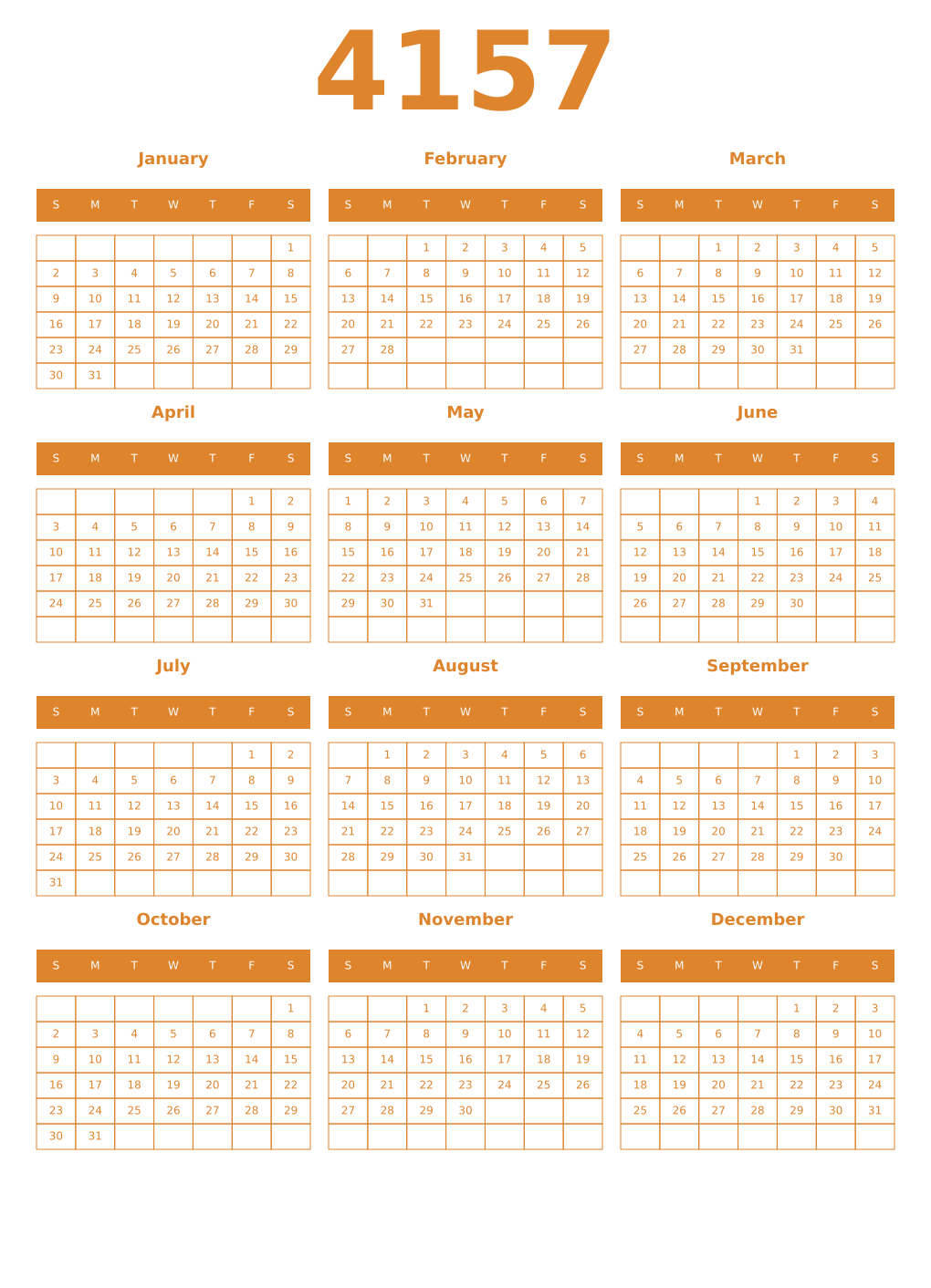 Printable 4157 Year Calendars orange