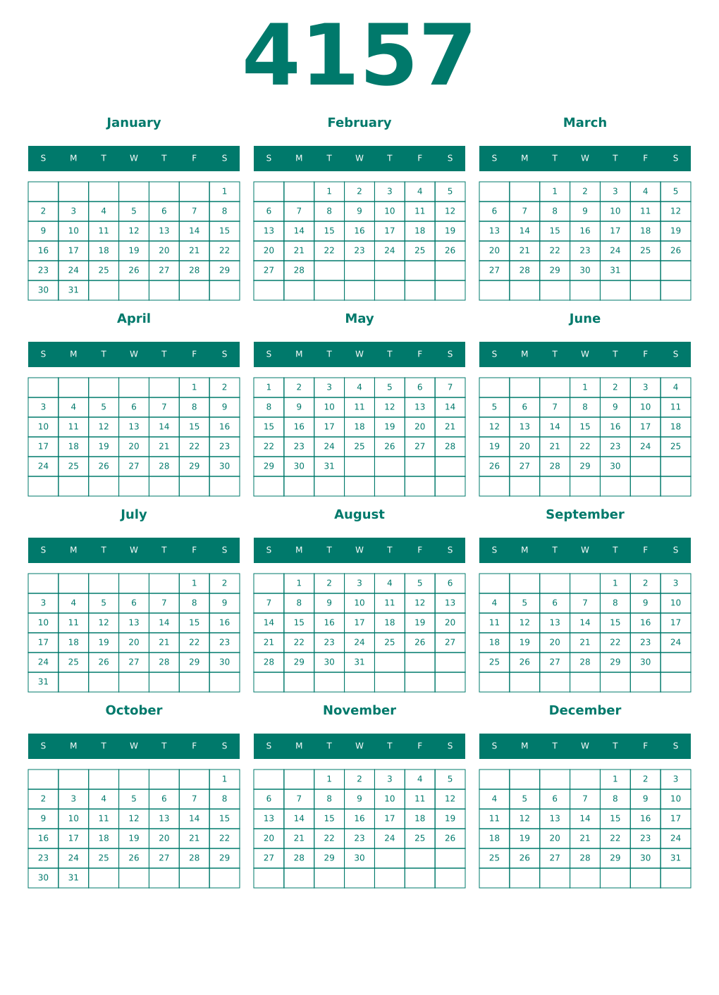 Printable 4157 Year Calendars pastel