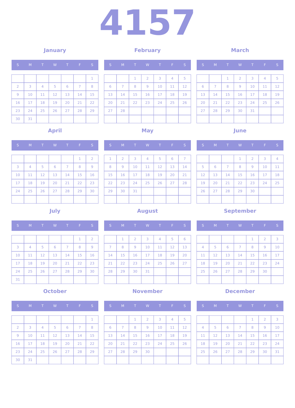 Printable 4157 Year Calendars periwinkle