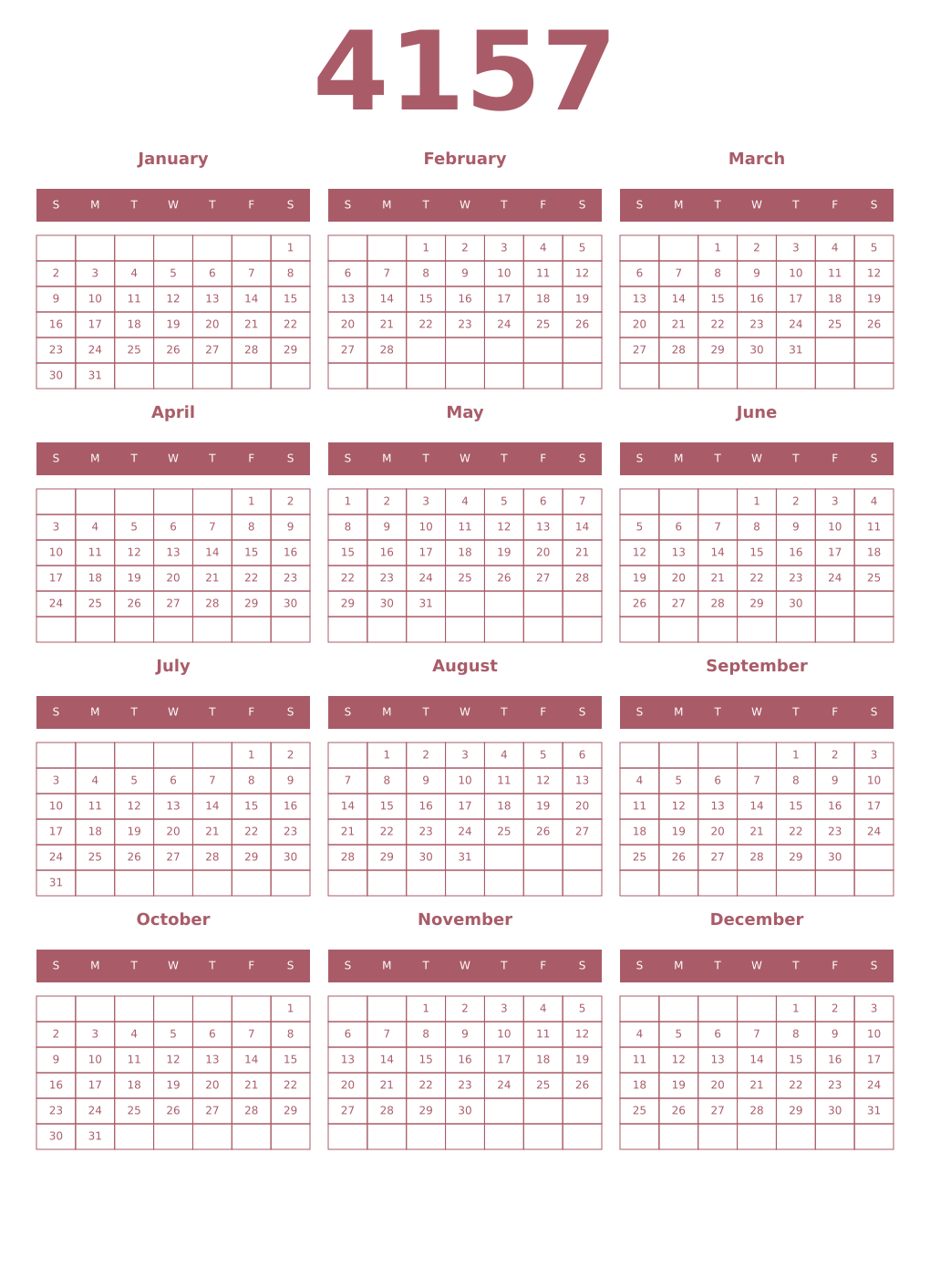 Printable 4157 Year Calendars puce