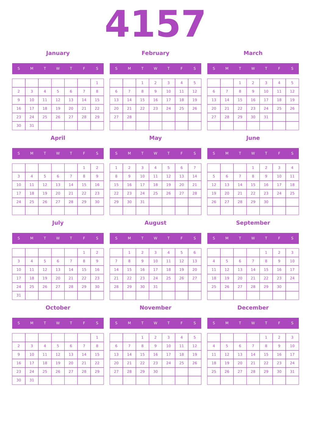 Printable 4157 Year Calendars purple