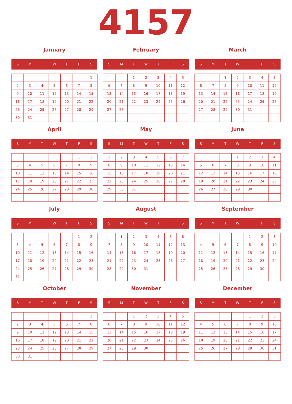 Printable 4157 Year Calendars red