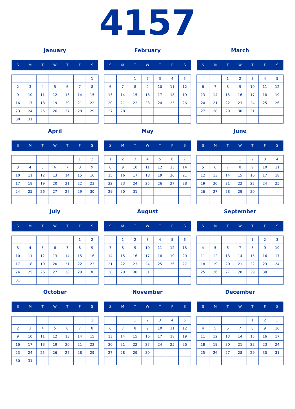 Printable 4157 Year Calendars smalt